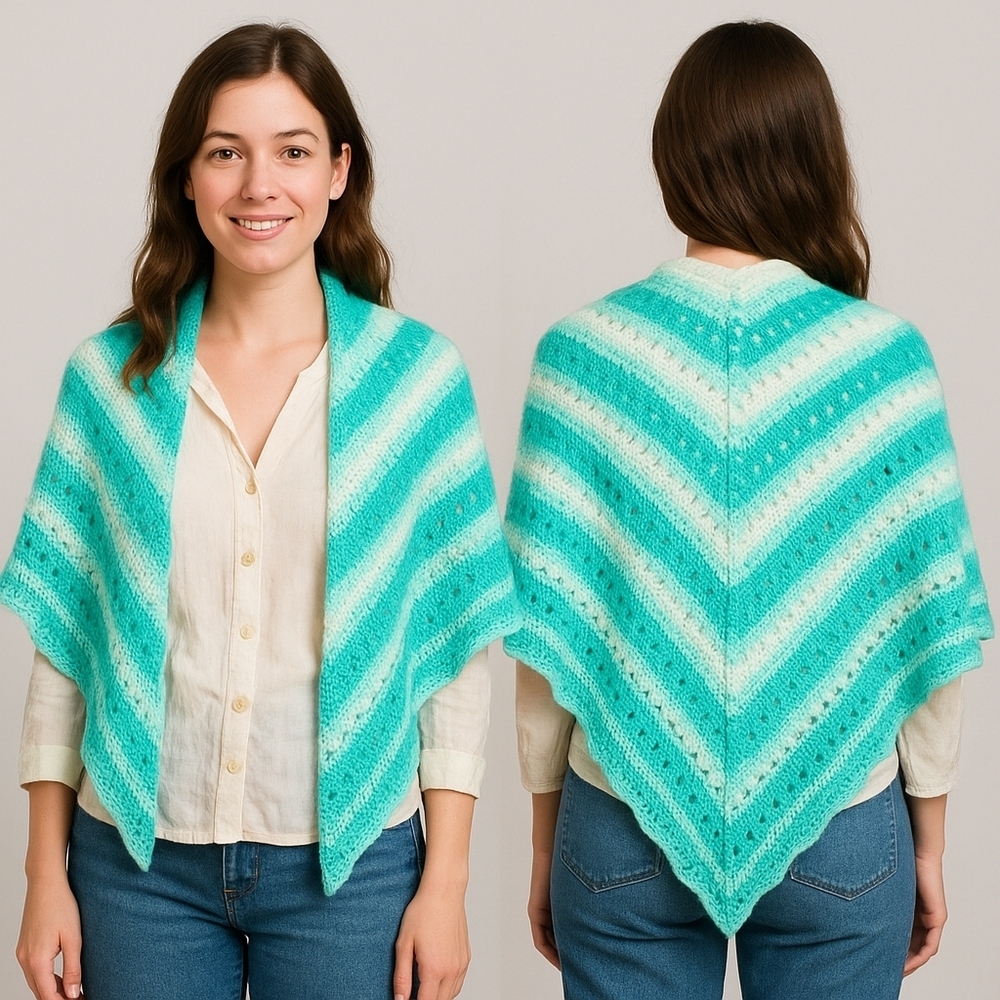 Hand Knit Striped Shawl Seafoam Green & White OSFM